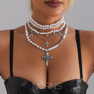 Norns欧美复古巴洛克复杂气质chocker十字架珍珠叠戴多层项链