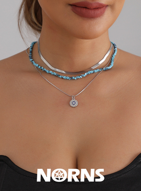 Norns欧美自然元素蓝绿松石金属链三层恶魔之眼项链切面necklace