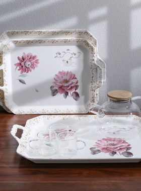 放杯子水壶轻奢欧式托盘家用圆形水杯茶杯果盘杯盘客厅塑料双耳盘