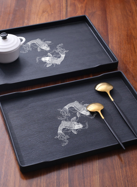 原创新中式鲤鱼戏水茶水托盘长方形家用放水杯茶杯托盘塑料防水盘