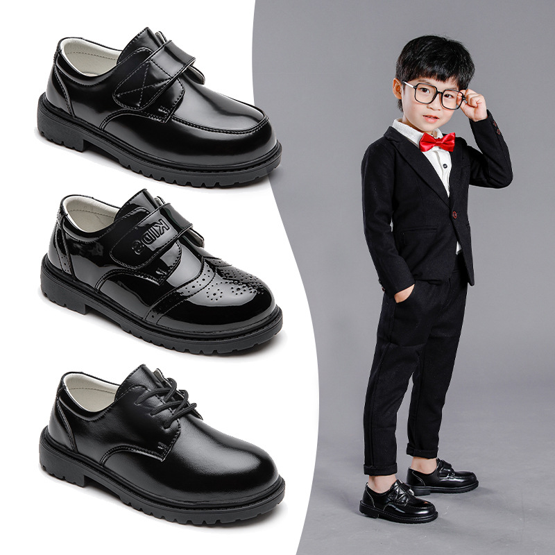香港学生校服鞋皮鞋软底英伦风男童黑皮鞋儿童礼服白色演出鞋46码
