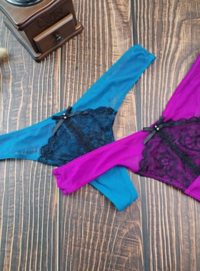 S-L码外贸欧美性感蕾丝拼接网纱女士低腰丁字裤大码超薄底裤