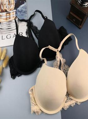 70A75D80BD85BC纯色性感深V内衣前扣胸罩美背蕾丝黑色带钢圈文胸