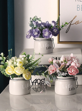 批发北欧ins绣球花陶瓷盆栽 家居客厅办公桌面装饰绢花仿真花摆件