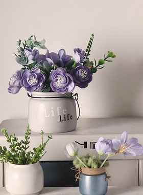 批发北欧ins绣球花陶瓷盆栽 家居客厅办公桌面装饰绢花仿真花摆件