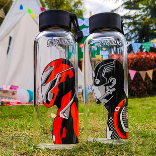 清仓特价 复仇者联盟主题玻璃运动水杯壶360ML美队钢铁侠礼品水杯