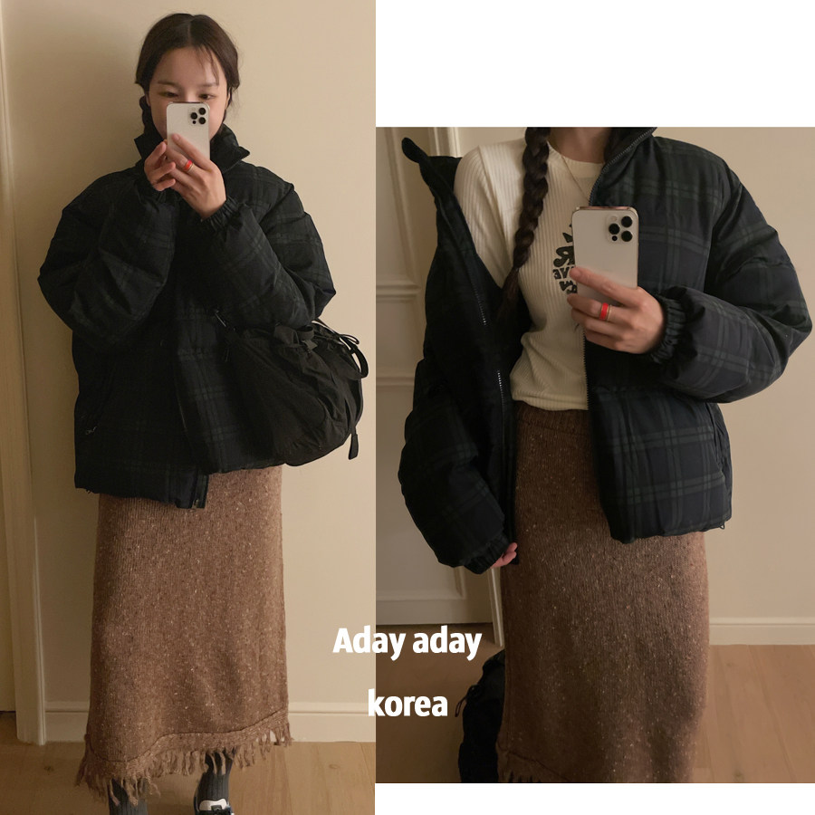 现aday韩国代购 超暖经典墨绿格子简约蓬蓬羽绒棉面包棉衣棉服
