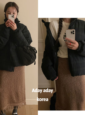 韩国简约面包墨绿经典格子棉服