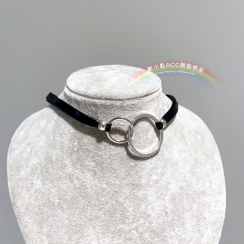 韩国东大门小众黑色皮绳choker简约金属圆环锁骨链气质短款项链女