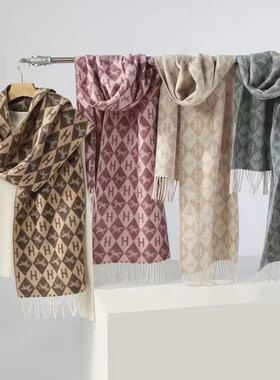 2025新款100%羊毛围巾30*180cm菱形格围脖情侣男女秋冬季保暖136g