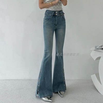 欧货重工烫钻浅蓝色微喇牛仔裤