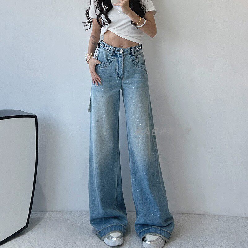 MK-MZ2025春季新款重工烫钻高腰直筒牛仔裤女显瘦高品质拖地裤