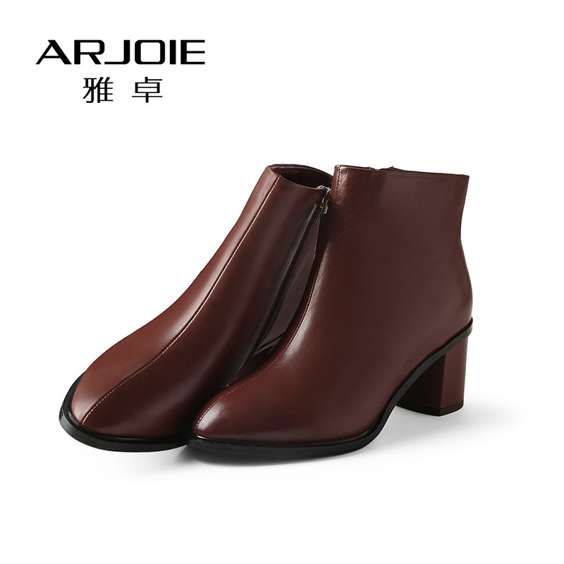 Arjoie/雅卓女鞋2018冬季新款短靴真皮尖头加绒马丁靴高跟靴子女