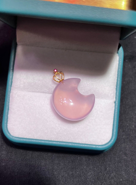 天然莫桑比克星光粉水晶月亮吊坠锁骨链18k金镶嵌女款项链挂坠