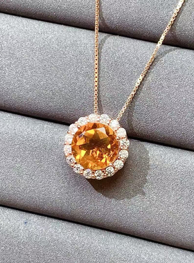 天然黄水晶吊坠925银镶嵌黄水晶吊坠黄水晶挂坠黄水晶项链圆8mm