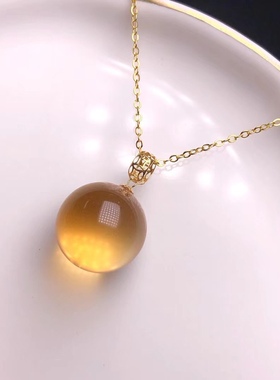 18k金扣镶嵌天然巴西黄水晶转运球吊坠 送925银链16.4mm 6.3g