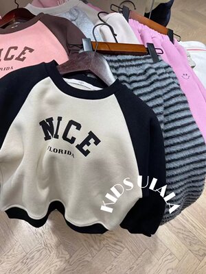 韩国童装男女童秋冬插肩袖一体绒套头卫衣儿童加绒加厚宽松上衣