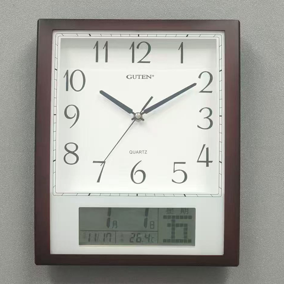 金钟宝日历温度计挂钟客厅长方形静音时钟现代简约卧室石英钟挂表