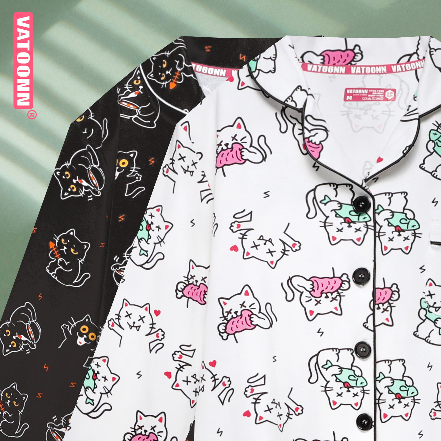 大码男士纯棉线条小猫印花睡衣套装宽松长袖长裤休闲家居服可外穿