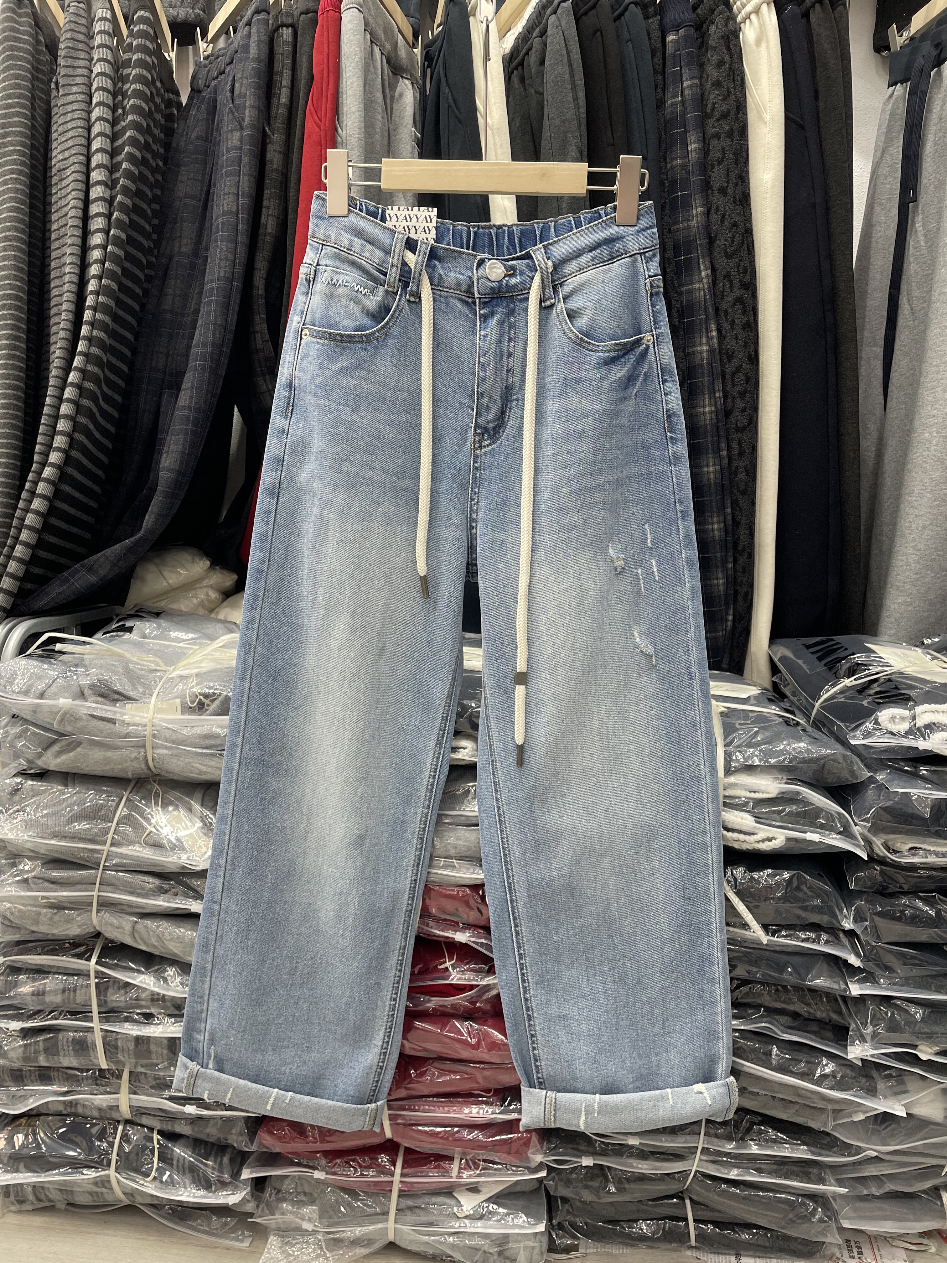 春款牛仔裤小个子女AngelYY8625正品春款高腰百搭阔腿裤巨显腿瘦