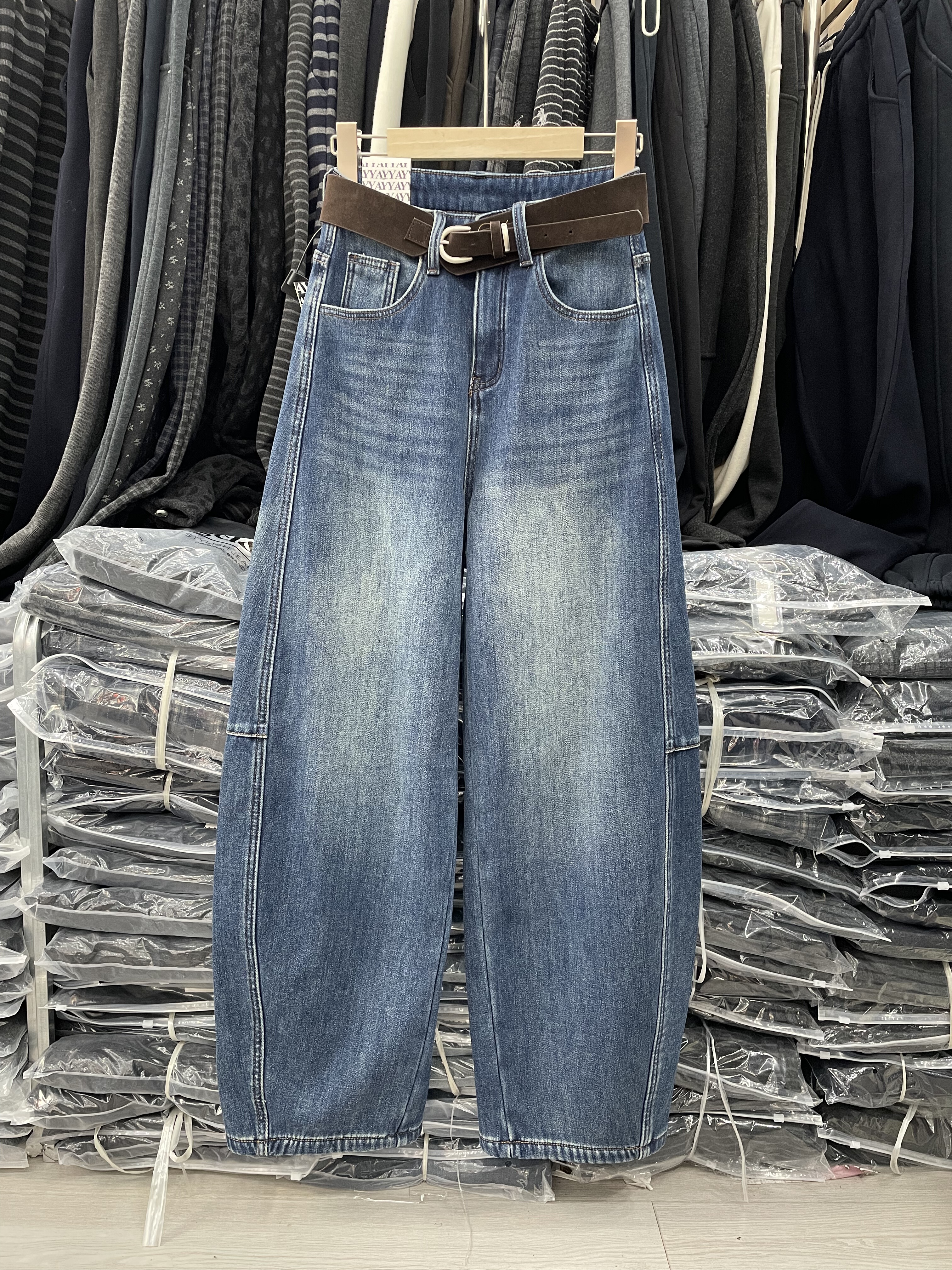 梨形焊腿上AngelYY7969加厚绒弯刀牛仔裤高个子女冬季香蕉阔腿裤