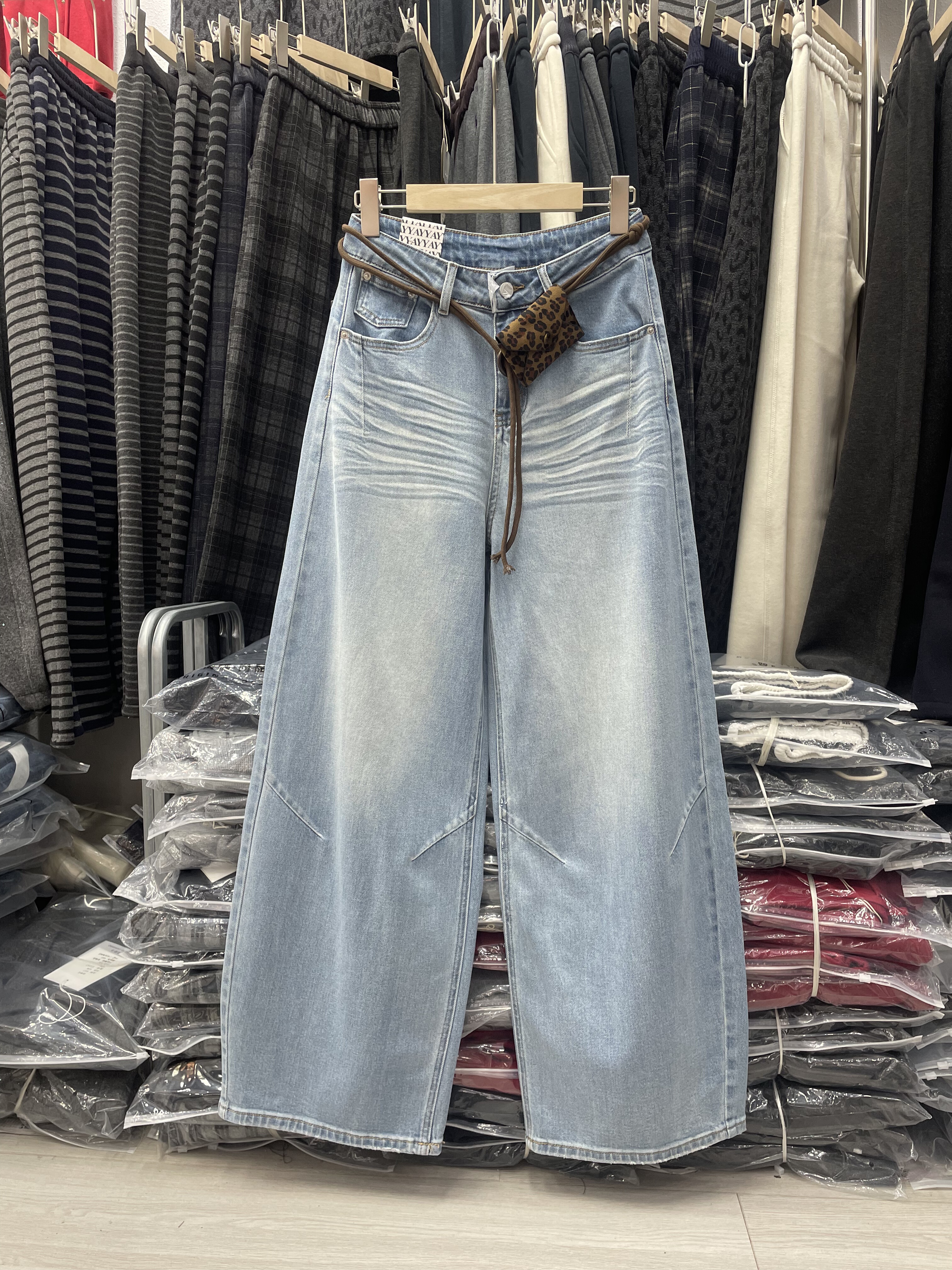 春款牛仔裤~AngelYY662055-3正品弯刀阔腿裤女遮胯显瘦直筒拖地裤