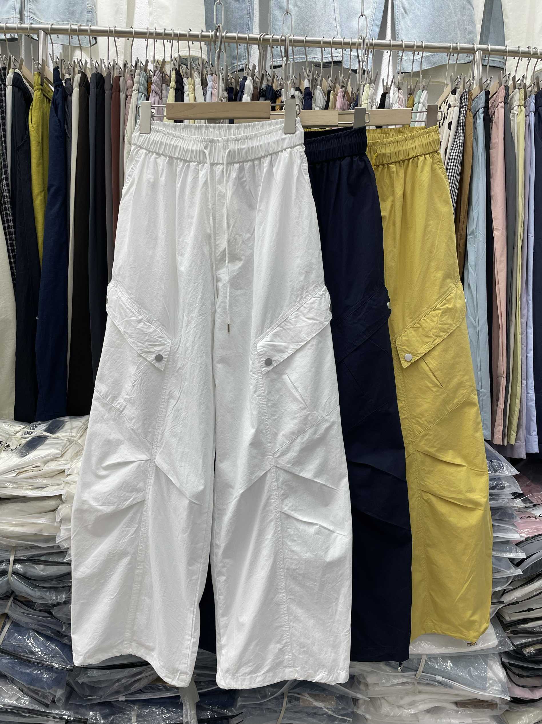 蒂娜尚品78025夏薄料工装裤高个子女宽松显瘦阔腿裤脚口抽绳长裤