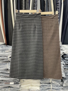 实拍AKK88156秋新款韩版高腰显瘦格子半身裙女中长款包臀一步裙子