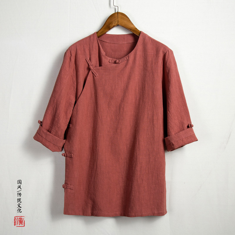 春季中国风棉麻汉服五分袖t恤中式斜襟上衣民族服装古着男装短袖