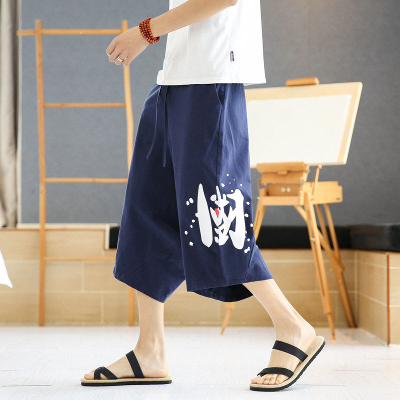 夏季冰丝薄款短裤中式印花汉服裙裤大码袋鼠裤男松紧腰运动七分裤