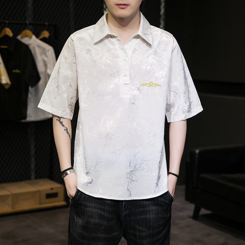 夏季薄款短袖衬衫民族风刺绣套头衫提花冰丝上衣男商务休闲打底衫
