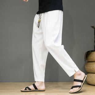 冰丝裤男夏装休闲裤薄款中国风宽松裤子阔腿直筒裤复古风白色长裤