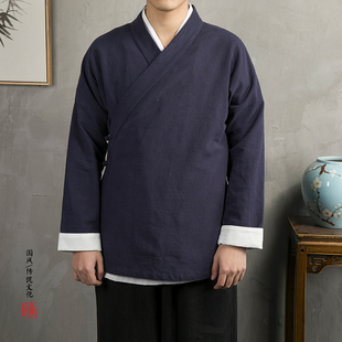 外套 斜襟改良汉服青年潮男短打上衣交领开衫 秋装 复古棉麻道袍长袖