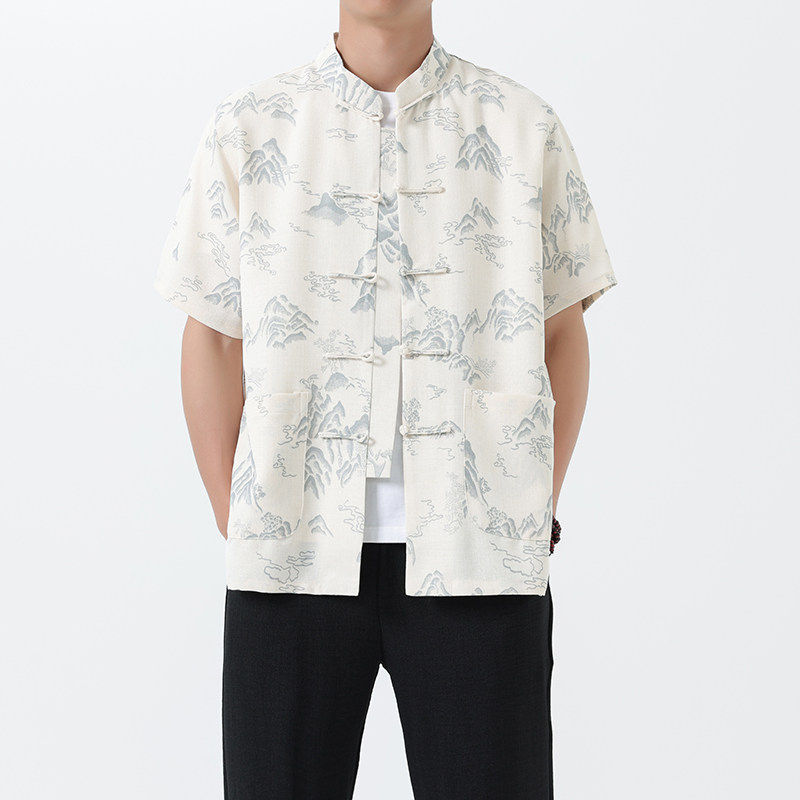 夏季男装山水画印花短袖衬衫中老年盘扣上衣禅意茶服贴袋立领唐装