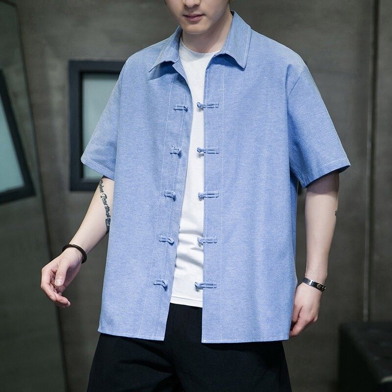 夏季商务休闲短袖衬衫男五分中袖对襟开衫棉料唐装牛津纺工装茶服,男装,衬衫,淘宝优惠券,粉丝福利购,淘宝优惠卷