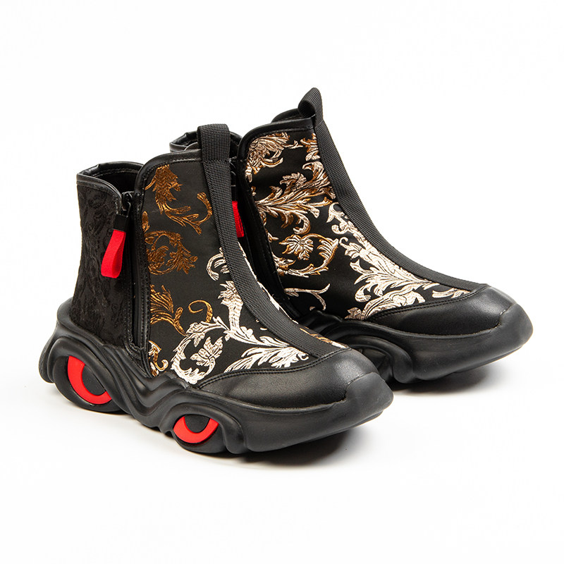 复古装中式刺绣官靴中国风运动休闲鞋国潮牌厚底高帮鞋子男中筒靴