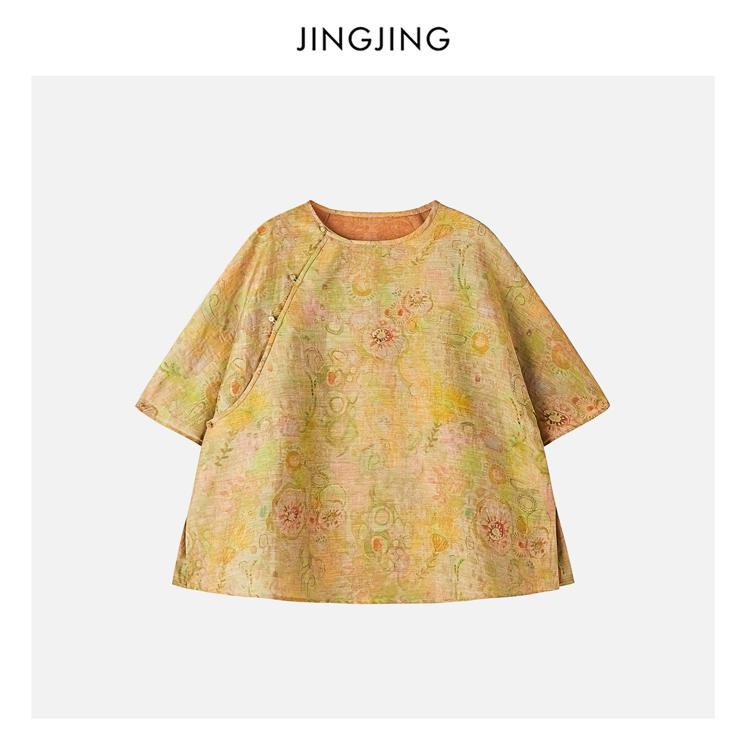 JINGJING"金福染棠"真丝雨露麻金丝印花玉石扣斜襟花衫国风上衣