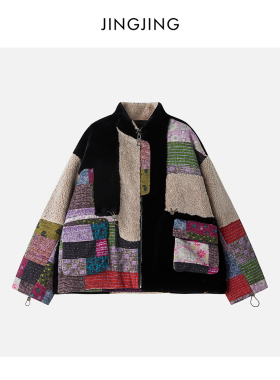 JINGJING2025新款“碎锦集”百家布纯棉拼接皮毛一体白鹅绒外套