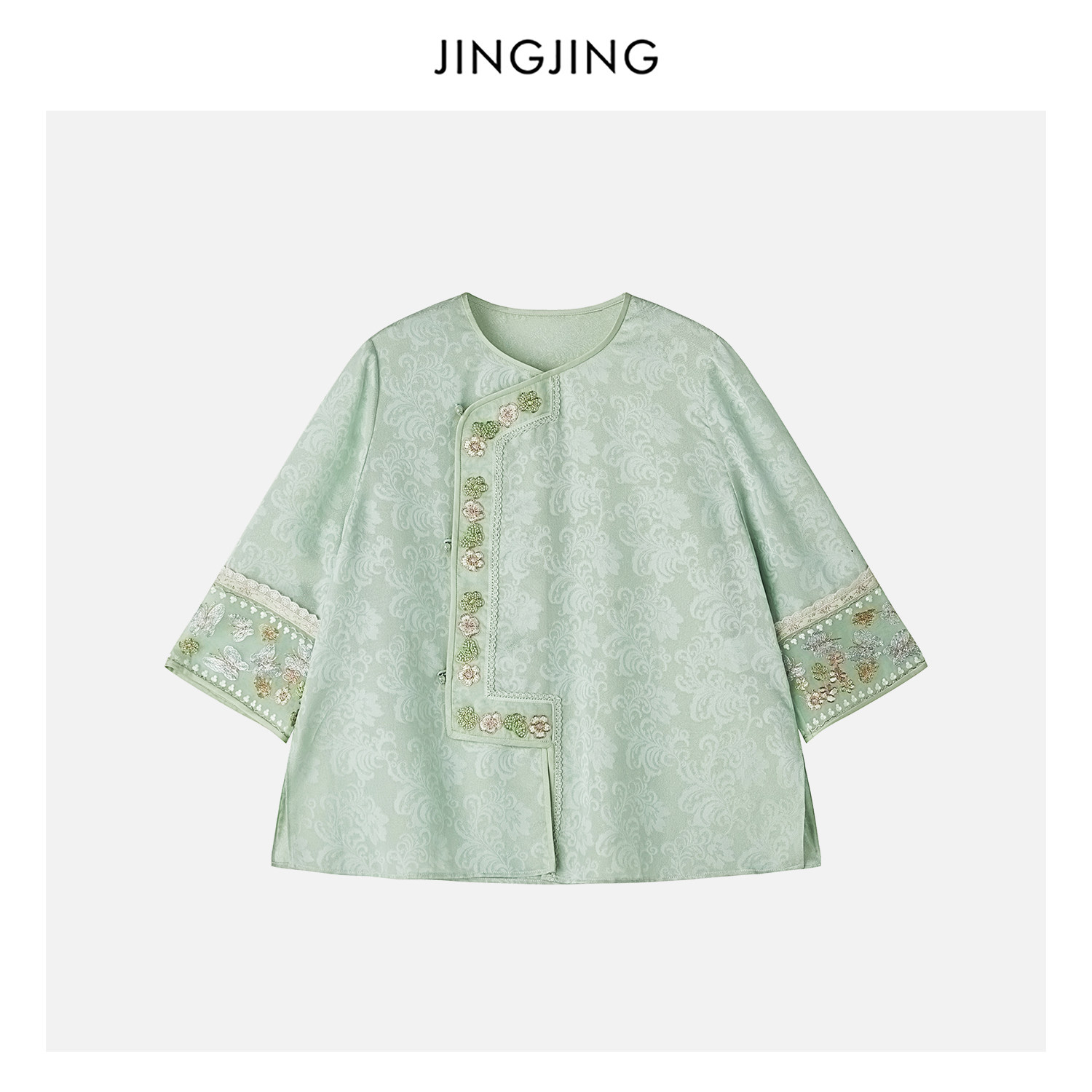 JINGJING"青芙绣"桑蚕丝20姆米织金刺绣绞罗凤尾花国风斜襟上衣