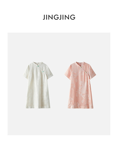 JINGJING2024春夏“闺秀”100桑蚕丝温婉千金国风玉盘口连衣裙
