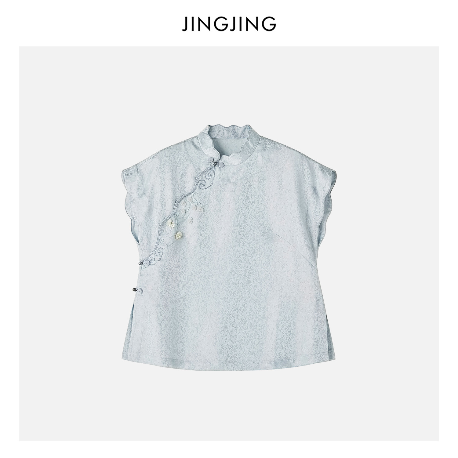 JINGJING"浅陌花叙"100%桑蚕丝20姆米重工钉珠刺绣吹雪纹国风上衣
