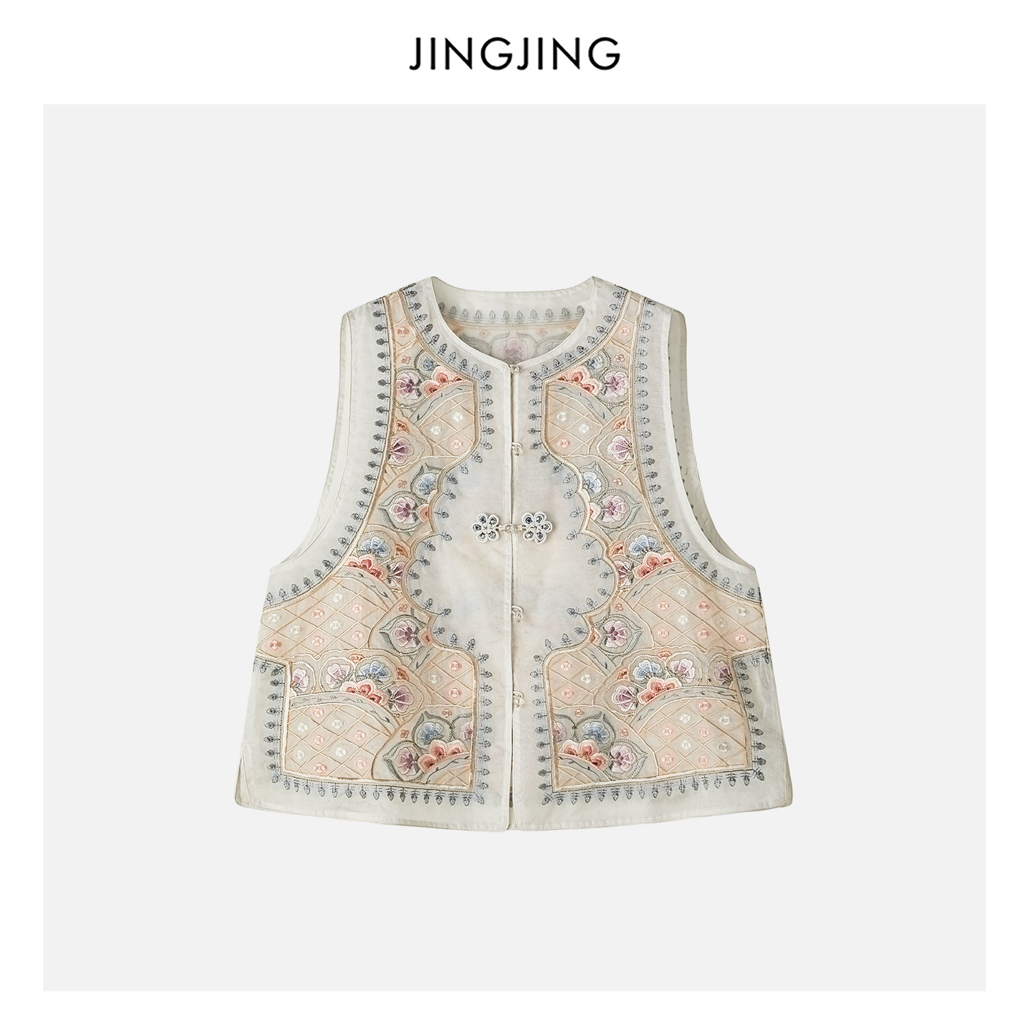 JINGJING"绣阁流光"100%桑蚕丝11姆米重工刺绣圆领珠扣无袖上衣