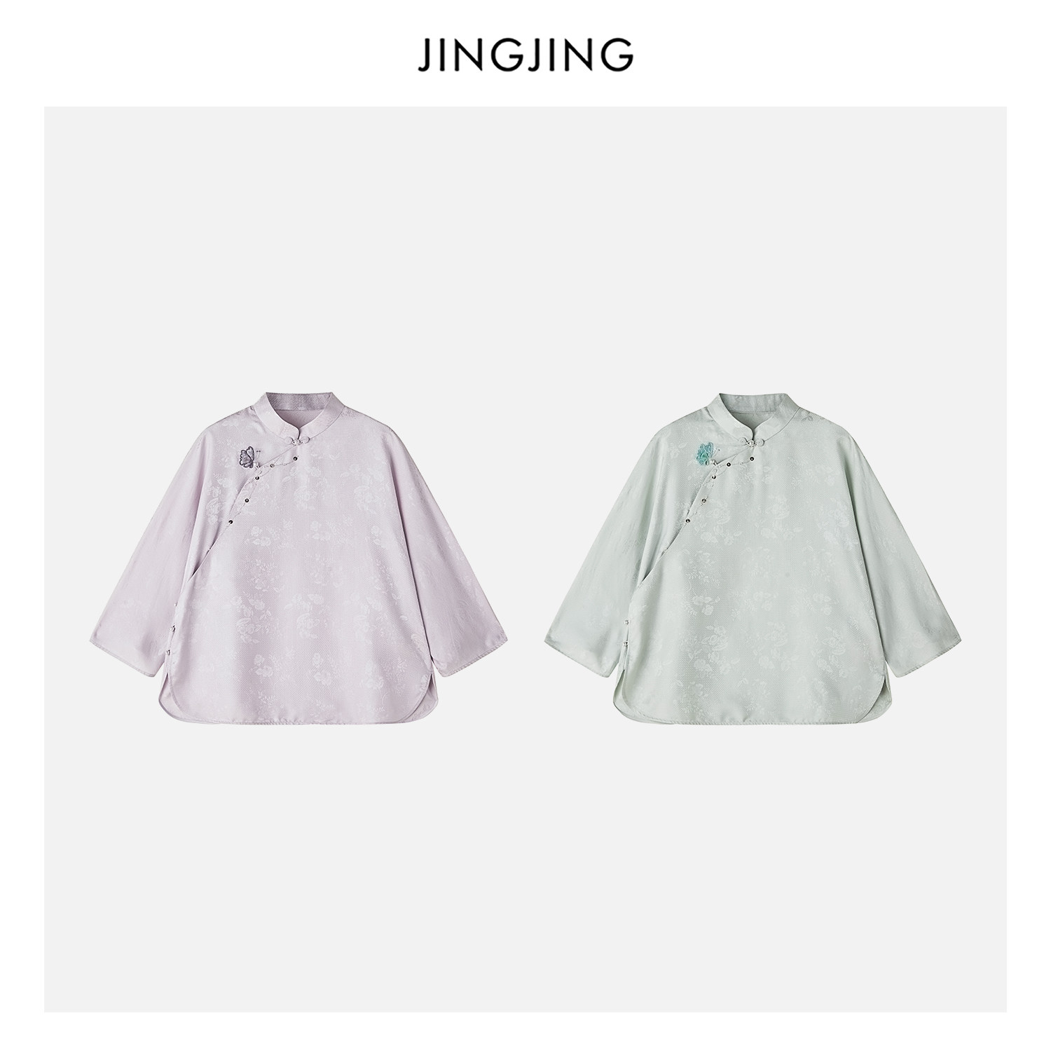 JINGJING"汐岸花汀 "100%桑蚕丝24姆米提花刺绣立领斜襟衬衫上衣