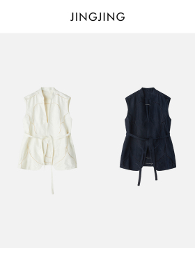 JINGJING2026新款“余白”亚麻婚房镂空条纹设计开领系带马甲