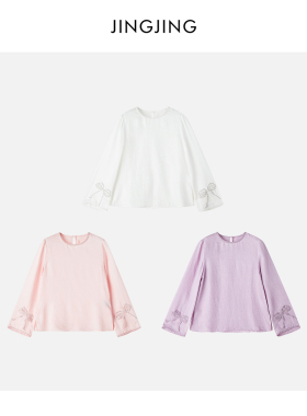 JINGJING2025新款“钻饰领间”天丝亚麻刺绣百搭轻薄透感圆领衬衫