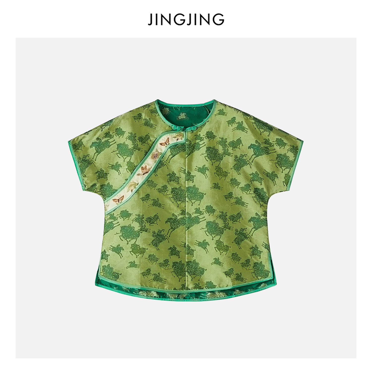 JINGJING"青金驰景"100%桑蚕丝38姆米蜀锦肌理感葫芦盘扣国风上衣