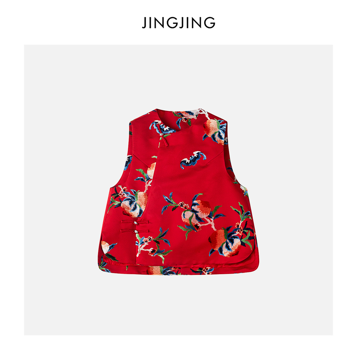 JINGJING2026新款&ldquo;红韵寿桃&rdquo;重工手工渐变绣花斜襟盘扣中式马甲