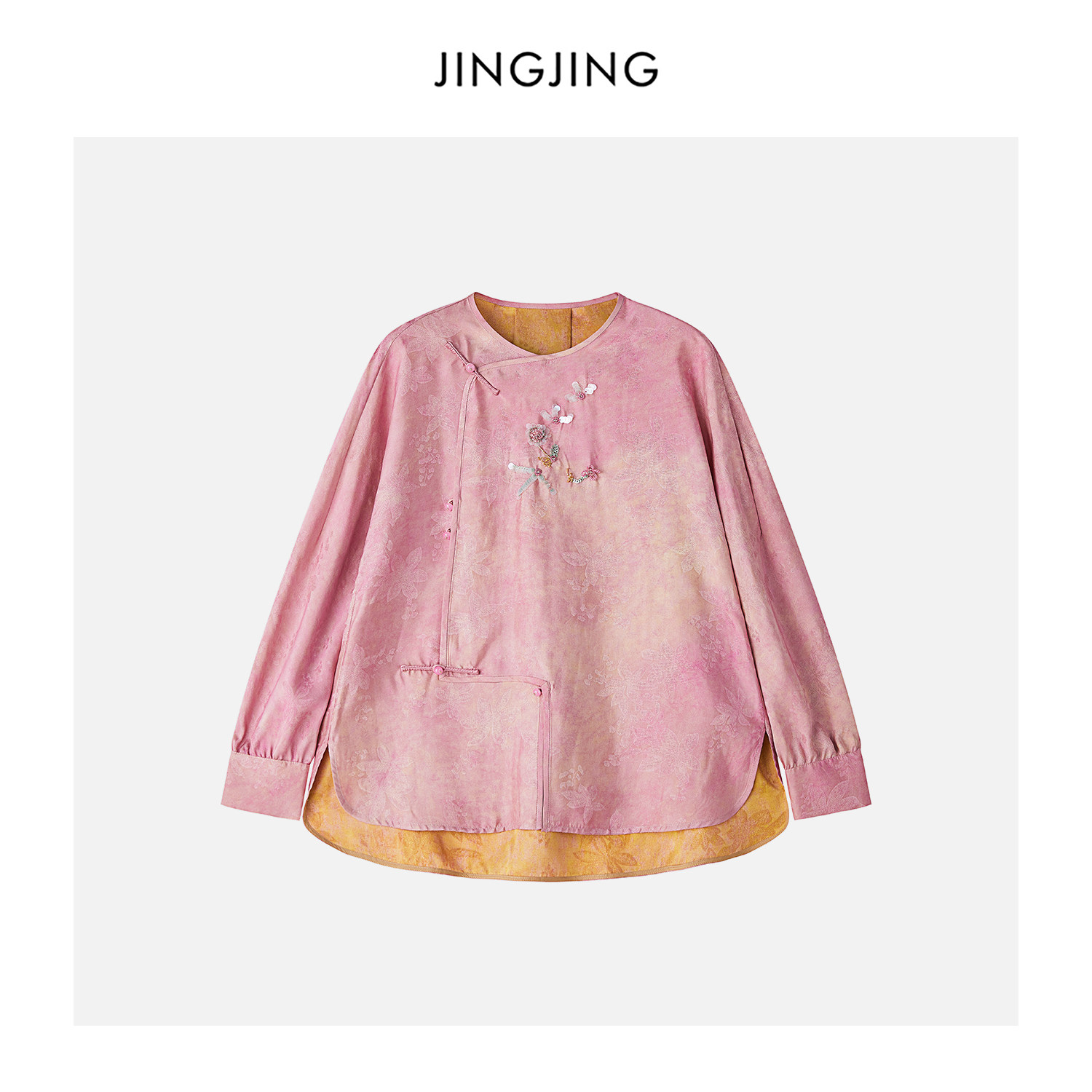 JINGJING2026新款“粉雾寻梅”桑蚕丝人丝花罗26姆米斜襟圆领衬衫,女装/女士精品,上衣,淘宝优惠券,粉丝福利购,淘宝优惠卷