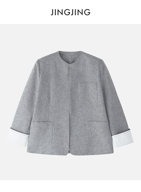 JINGJING2024新款“听雨寒”奢感老钱风留白设计宽松直筒灰色外套