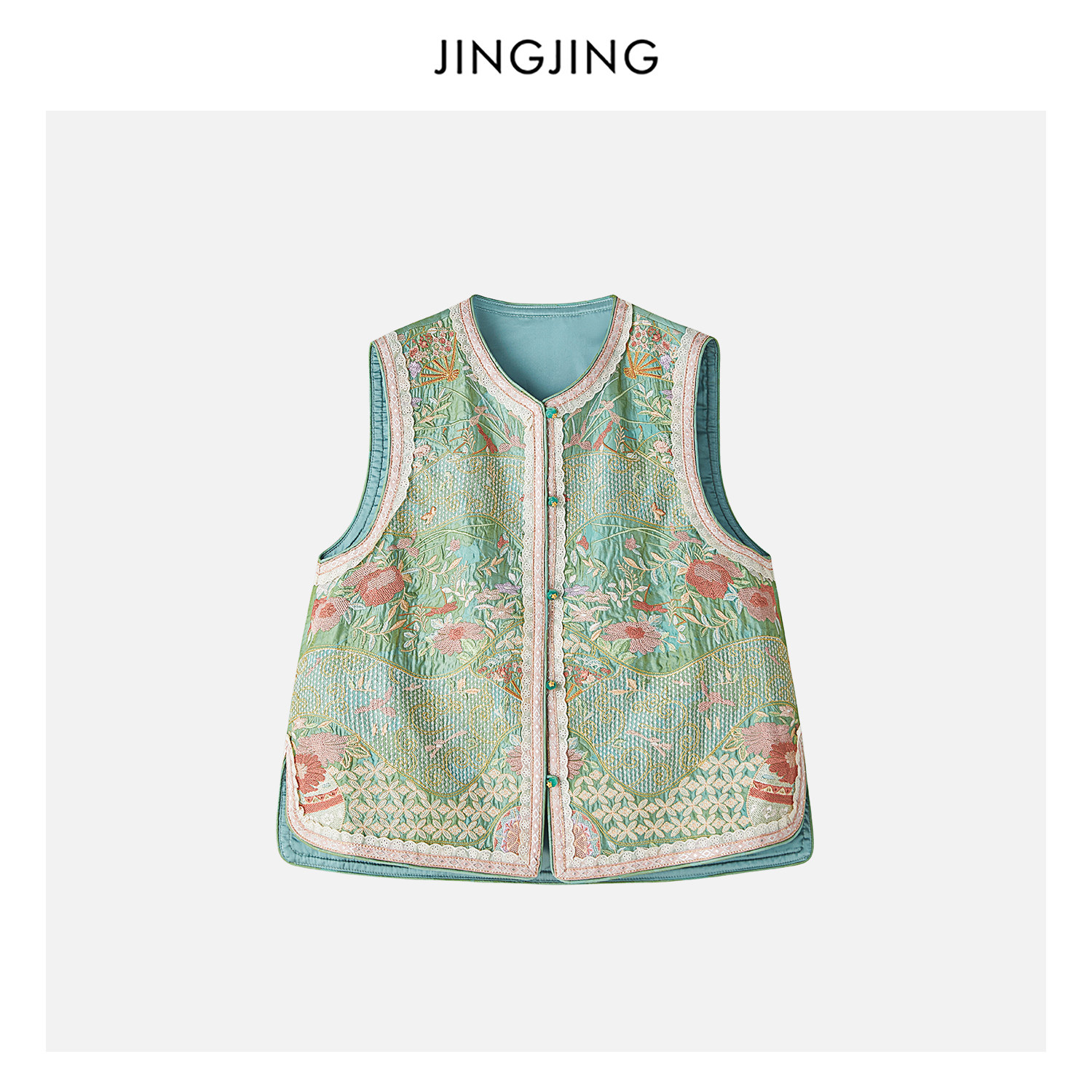 JINGJING"江南春景"新中式重工刺绣花马甲女玉石盘扣气质百搭上衣